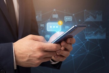 Businessman hands holding smartphone with glowing chat icons and social media notifications