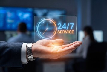 Businessman hand showing virtual twenty four seven service icon in modern technical support center