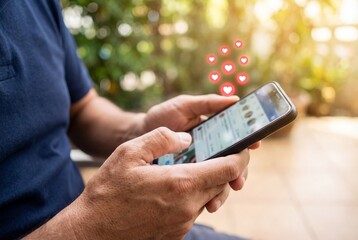Man hands holding smartphone displaying social media hearts and love notifications outside
