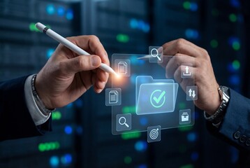 Businessman hands using stylus on virtual interface for document management and file verification