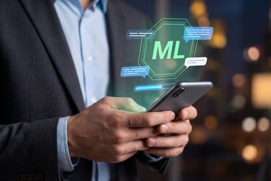 Professional man using phone with futuristic ML machine learning icon and chat bubbles - Powered by Adobe