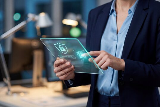 Businesswoman holding futuristic glass tablet with secure fingerprint login and shield icon in office - Powered by Adobe