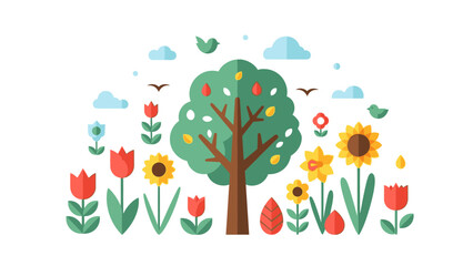 A vibrant tree surrounded by diverse flowers and birds in a serene landscape viewed from a distance