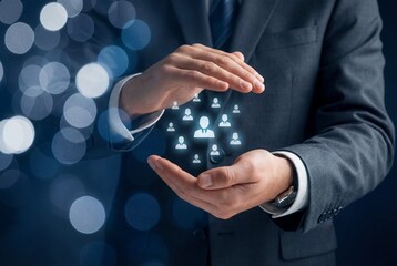 Businessman hands protecting digital team icons symbolizing customer care and support