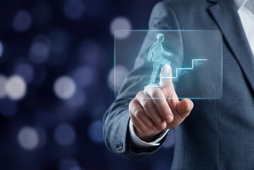 Businessman hand touching virtual stairs symbol representing career growth and personal development
