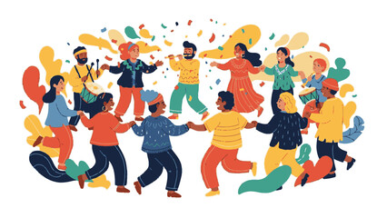 Diverse group of people dancing together in a vibrant celebration with colorful shapes surrounding them in an outdoor setting