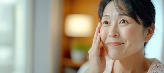 女性が頬に触れる