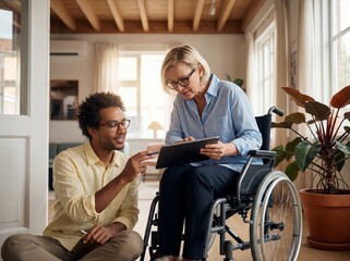 Mature woman in wheelchair and man collaborating with digital tablet in bright modern home office