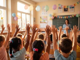 Rear view of enthusiastic children raising hands in a sunny classroom with a teacher