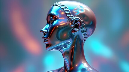 Futuristic metallic human sculpture in profile, pearlescent iridescence with cyan, violet, and magenta highlights, mirror-smooth surface, dramatic rim lighting