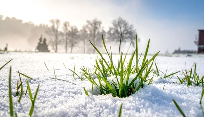 Close-up of green grass blades peeking through white snow, trees in background, bright sunlight