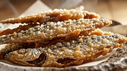 Deliciously crispy deepfried small whole fish perfectly golden brown and seasoned stacked on a rustic plate ready to be enjoyed as a savory appetizer or main course showcasing traditional culinary pr.