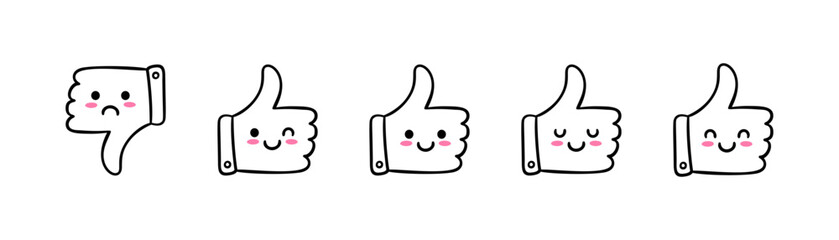 Set of hand drawn thumbs up and thumbs down icons with cute expressive faces for customer feedback concept