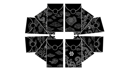 Intricate monochrome envelopes adorned with traditional Asian cultural patterns arranged in a dynamic radial display, symbolizing prosperity and festive heritage
