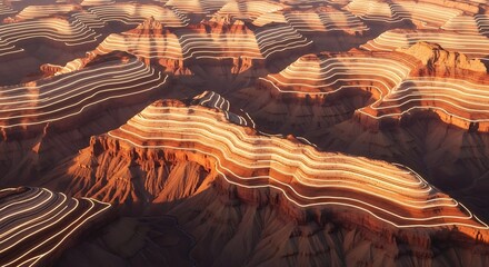 aerial view of desert canyon rock formations with glowing topographic contour lines at sunset. Abstract geological landscape representing data mapping, technology, and nature.
