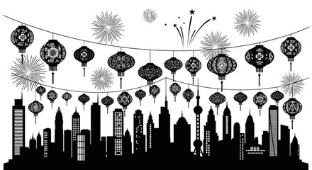City skyline silhouette with festive fireworks and traditional Chinese lanterns strung across