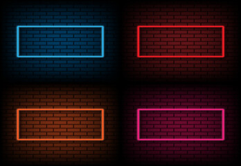 Obraz premium colorful neon rectangular frames on dark brick wall background vector template with copy space for text
