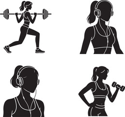 Female Fitness & Gym Silhouettes, Women Lifting Weights, Barbell Squats, Running & Workout Vector Illustrations, Health, Exercise, & Active Lifestyle Icons