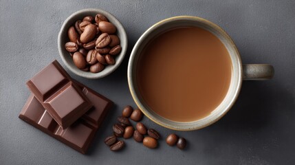Rich cup of coffee with chocolate pieces and roasted coffee beans on a textured gray surface, perfect for gourmet food and beverage photography