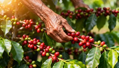 Hands harvesting ripe coffee cherries showing agricultural work and natural farming process
