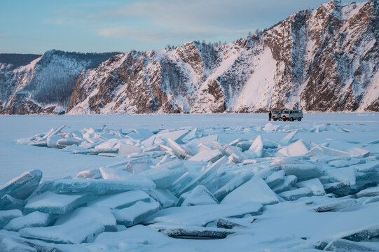 Beautiful landscape of Uzury bay with ice hummock rising above the frozen lake of Baikal. Uzury is a very little settlement located on the eastern side of Olkhon island.