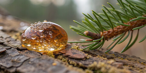 Fototapeta premium A translucent golden pine resin blob with air bubbles sits on a tree branch next to a pine needle covered in moss and lichen in a natural forest setting with soft focus