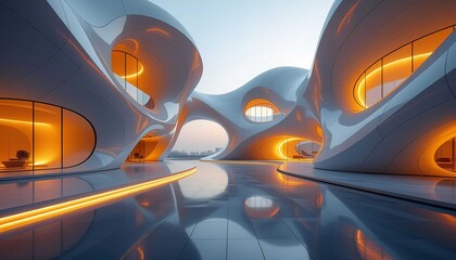 Innovative corporate office lobby design with sleek glass reflection surfaces