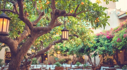 Outdoor restaurant patio with orange trees and lanterns.
