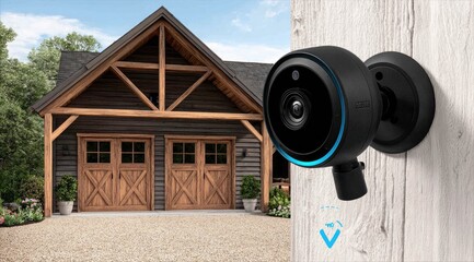 Outdoor Security Camera Mounted on Wooden Wall of a Rustic Home.