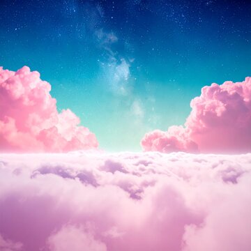 Dreamy Pink Clouds and Starry Sky - A Whimsical Landscape.
