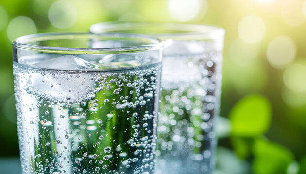 xtreme close-up of condensation on cold glasses of sparkling water with ice