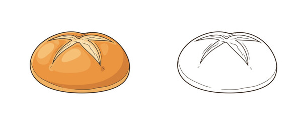 Obraz premium Fresh baked round bun bread in cartoon and outline styles warm golden colors representing bakery pastry or breakfast food product isolated on white background