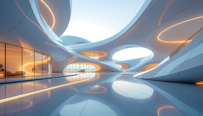 Minimalist scifi space concept showcasing elegant bright flowing architectural curves