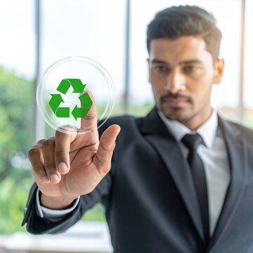 Focused Businessman Promoting Recycling and Sustainability Initiatives for a Greener Future.