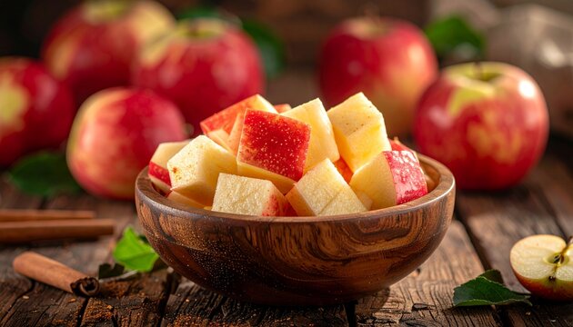 Freshly Diced Apples in Wooden Bowl - A Healthy Snack.