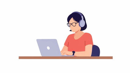 An animated person wearing a headset with a microphone, sitting at a desk and typing on a laptop.