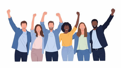 Obraz premium Diverse group of six individuals raising fists in a powerful display of unity, success, and empowerment.