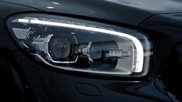 Closeup of a Modern Car Headlight with LED Daytime Running Lights.