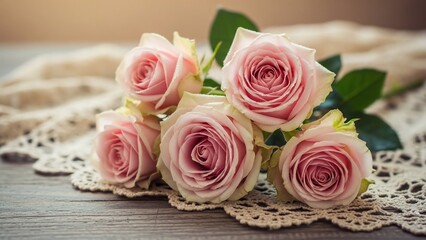 Fototapeta premium Bouquet of Pink Roses on Lace.