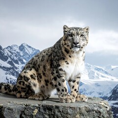 Obraz premium Snow Leopard Portrait in a Mountainous Landscape.