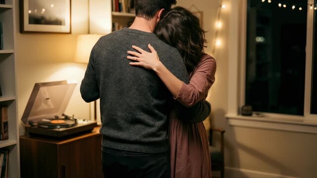 Couple embracing in cozy indoor setting, showcasing intimate connection and warmth, with soft lighting illuminating their close interaction near vintage record player and warm decor elements
