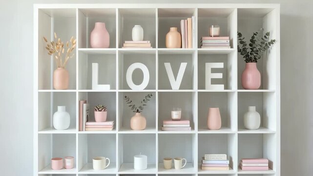 Decorative shelving unit showcasing a stylish arrangement of vases, books, and candles with the word LOVE prominently displayed, enhancing the visual appeal of modern home decor and interior design