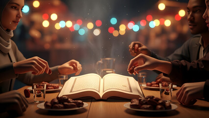 Naklejka premium A spiritual gathering centered around a book and food, with soft lighting enhancing the atmosphere. A group of individuals is gathered around a table with a glowing open book in the middle.