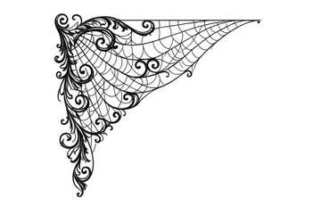 Intricate gothic spiderweb corner design with ornate filigree swirls and elegant lace pattern on transparent background