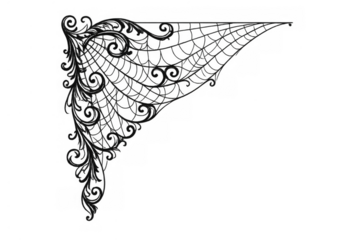 Intricate gothic spiderweb corner design with ornate filigree swirls and elegant lace pattern on transparent background