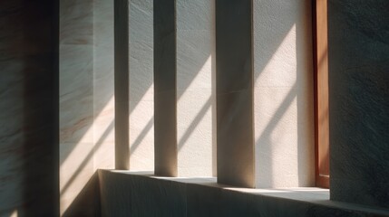 Sunlight Casts Intriguing Shadows on Stone Columns in a Modern Architectural Space with Textured Wall and Window Overview