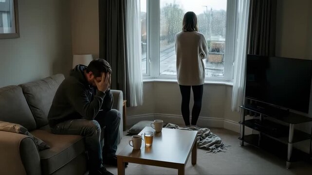 Man sitting on couch with head in hands while woman stands by window looking outside, illustrating emotional distance and tension in a domestic setting with visible beverages on the table