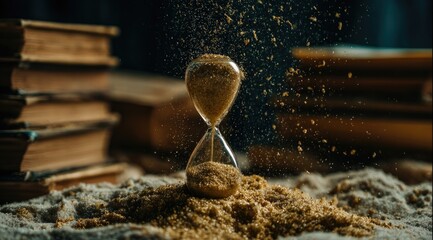Sands of time flowing through an hourglass with old books.