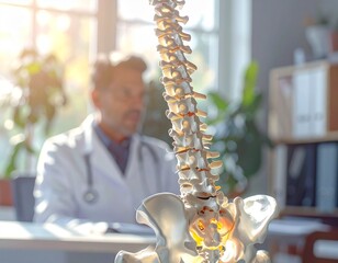Doctor Explaining Disc Structure to Patient While Pointing at a Spinal Model