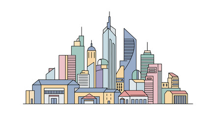 Fototapeta premium Cityscape illustration featuring various modern buildings and skyscrapers in a vibrant urban environment.